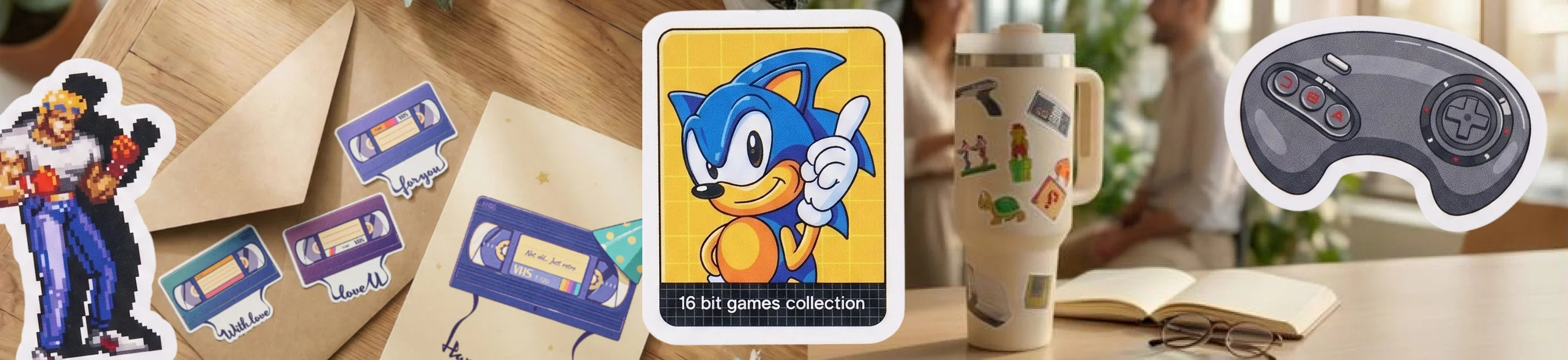 Collection of retro-themed items including a card with a character, game controllers, and a mug on a wooden surface.