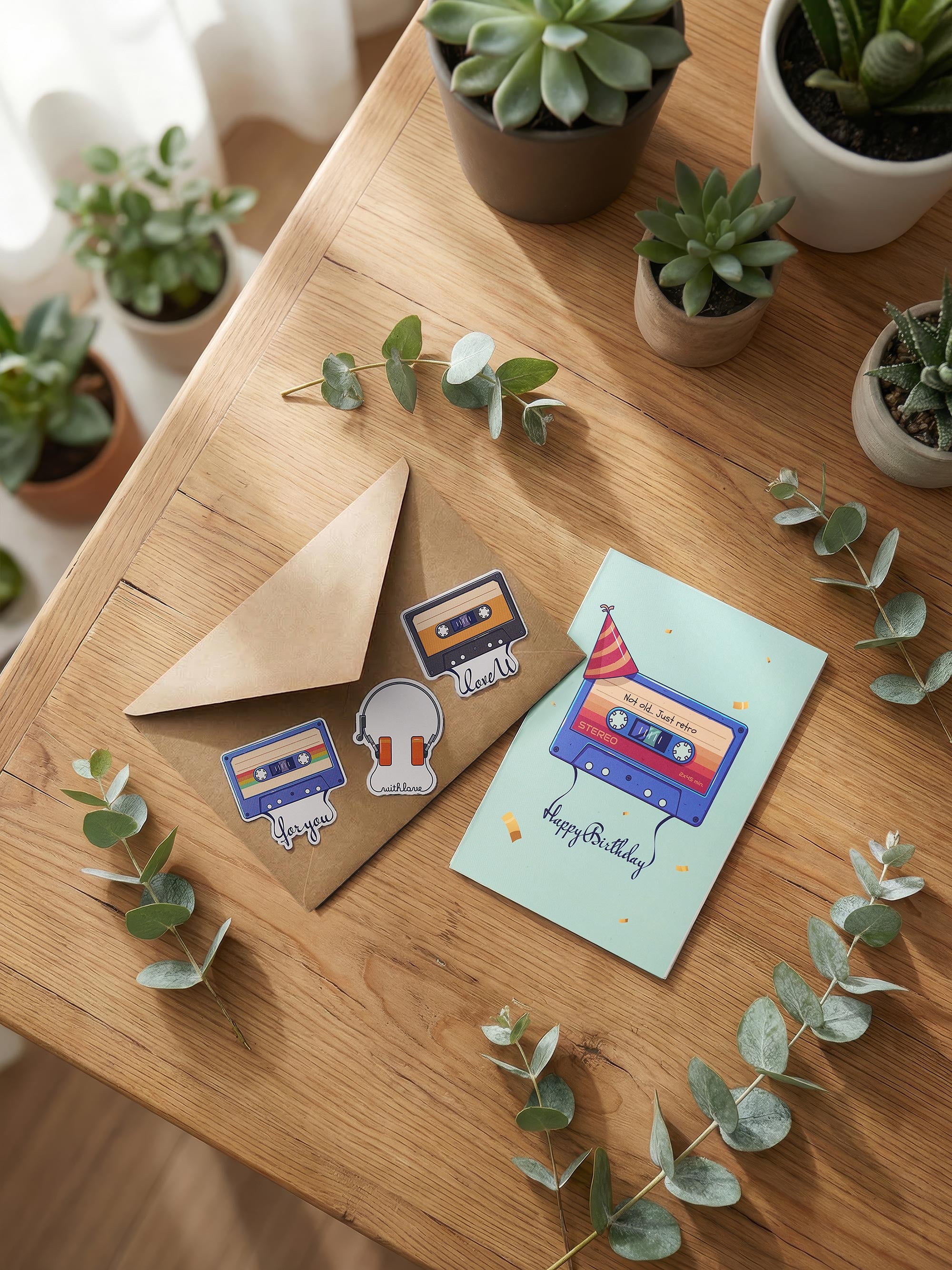 Retro Cassette tape Birthday Card with Sticker and Kraft Envelope