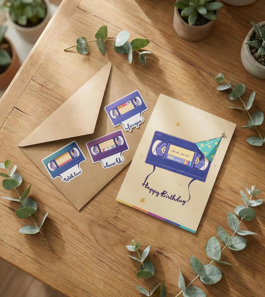 Greeting card with cassette design and envelope on a wooden surface with greenery