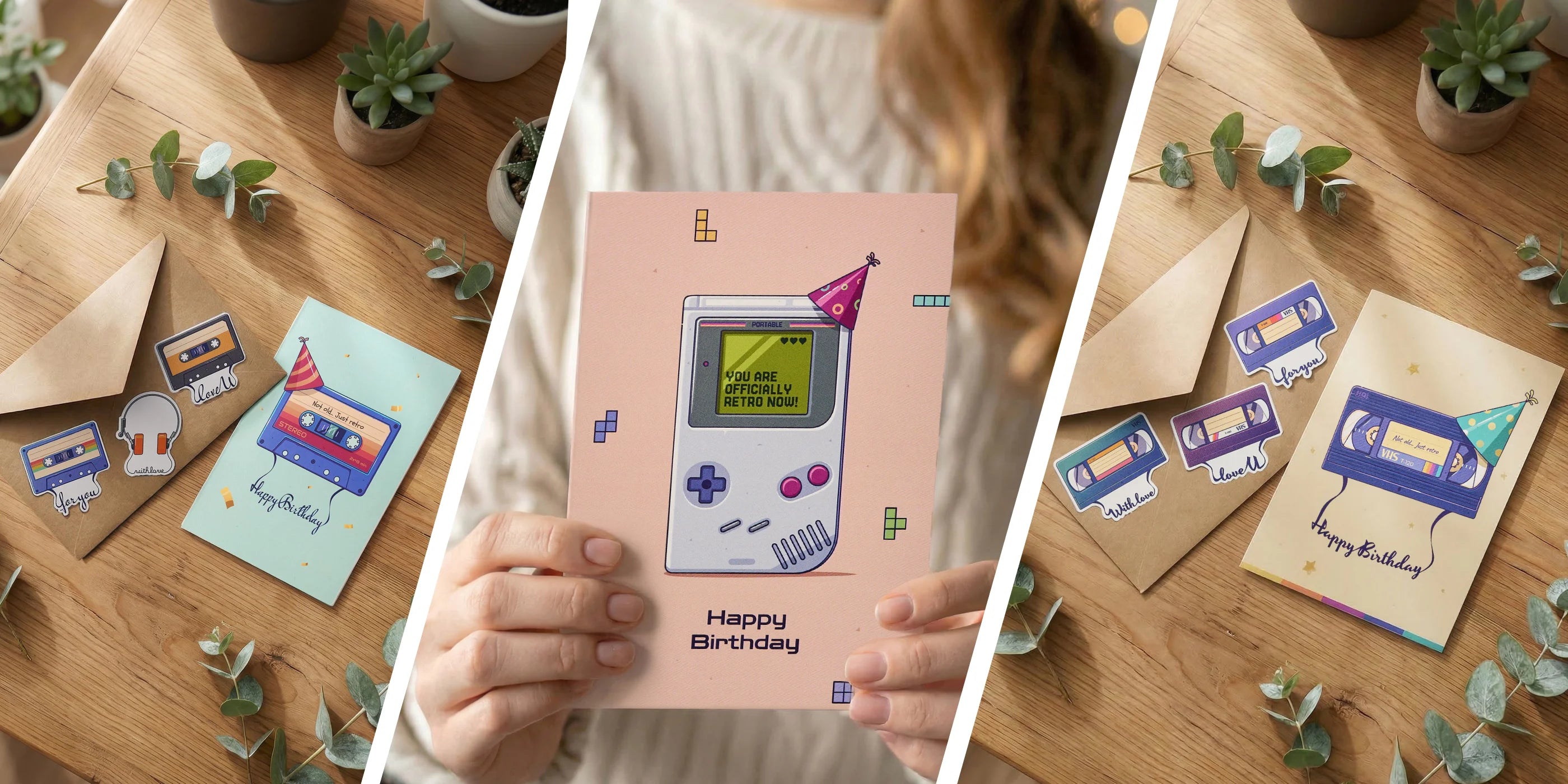 Collage of birthday cards with retro game design on a wooden surface.