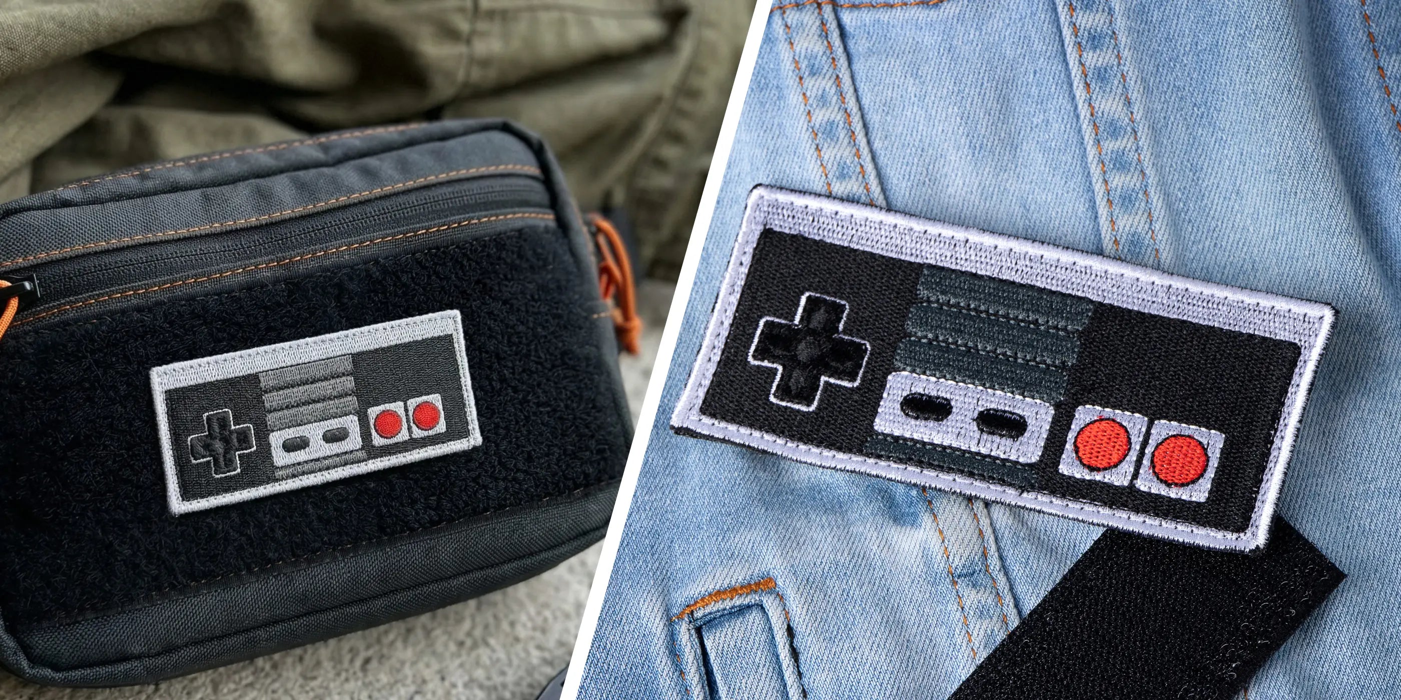 Nes controller patch on a black pouch and denim jacket