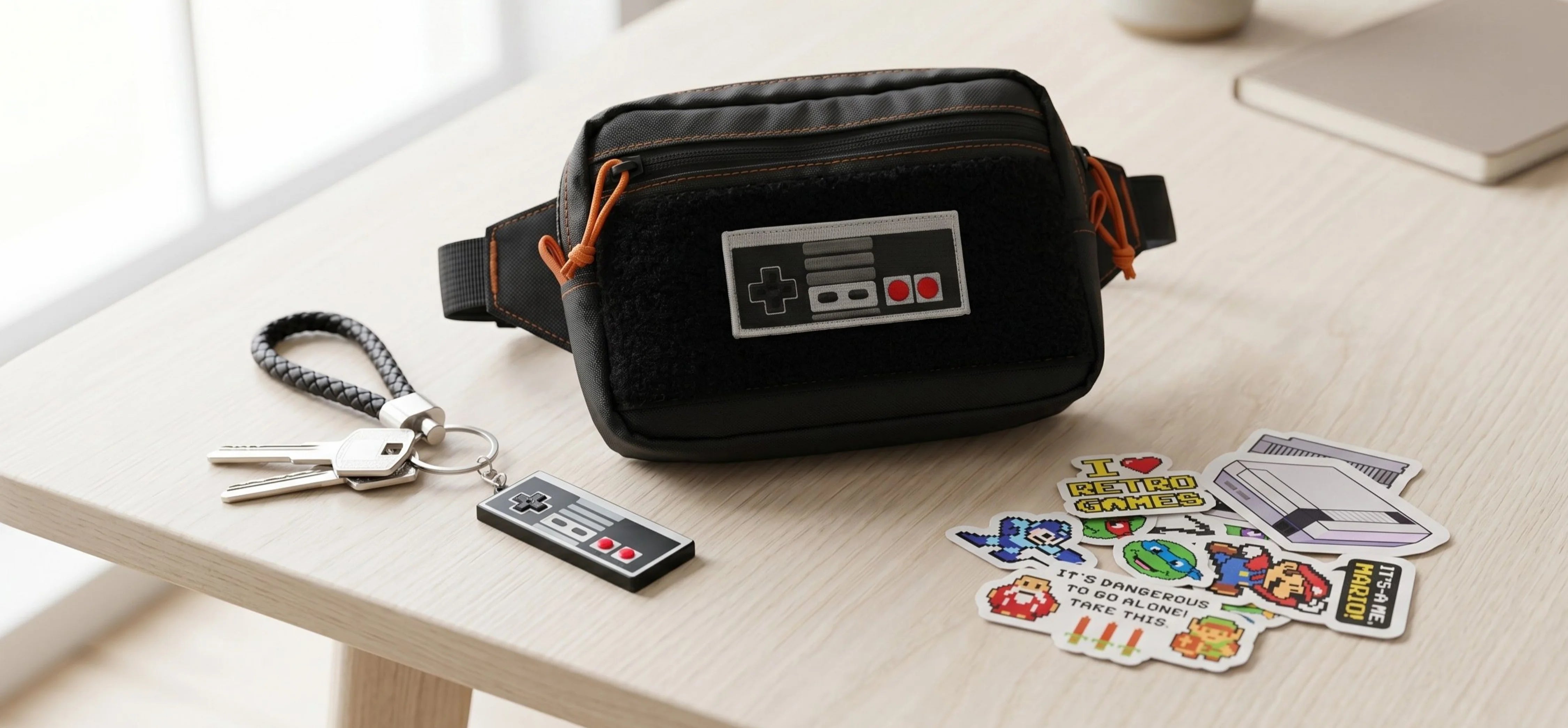 Black fanny pack with Nintendo logo on a table with keys and stickers.