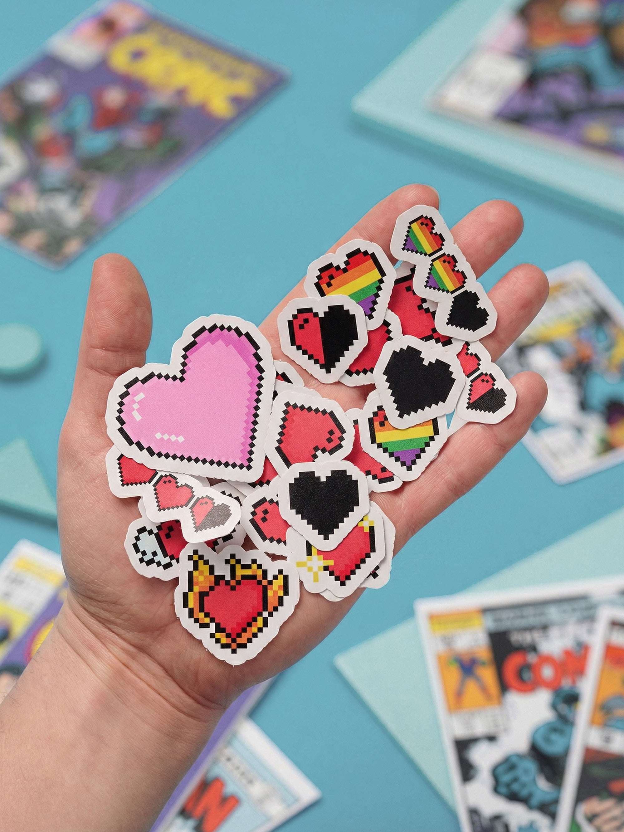 Pixel Heart Sticker Pack, 25 Retro Heart Stickers