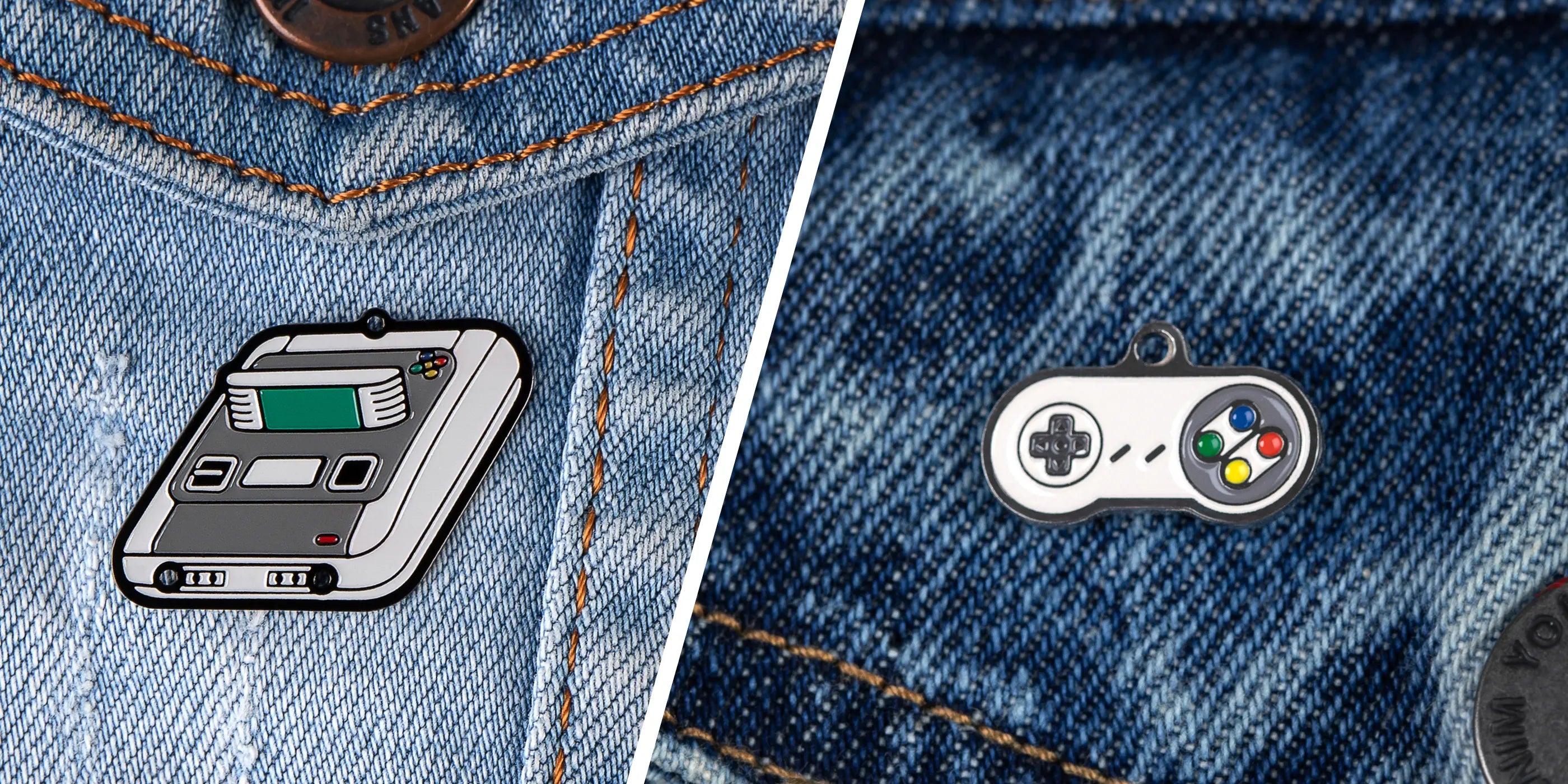 Two enamel pins on denim fabric, one resembling a vintage gaming console and the other a colorful gaming controller.