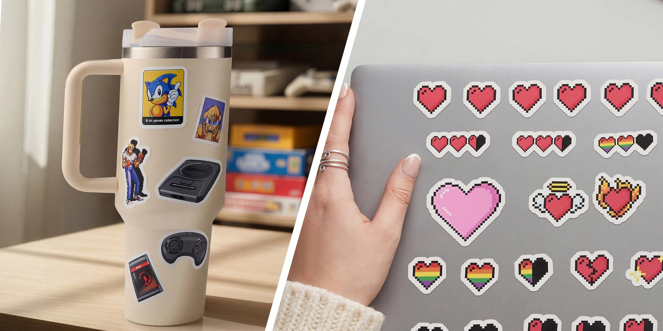 Travel mug with stickers and a hand holding a laptop with sticker designs.